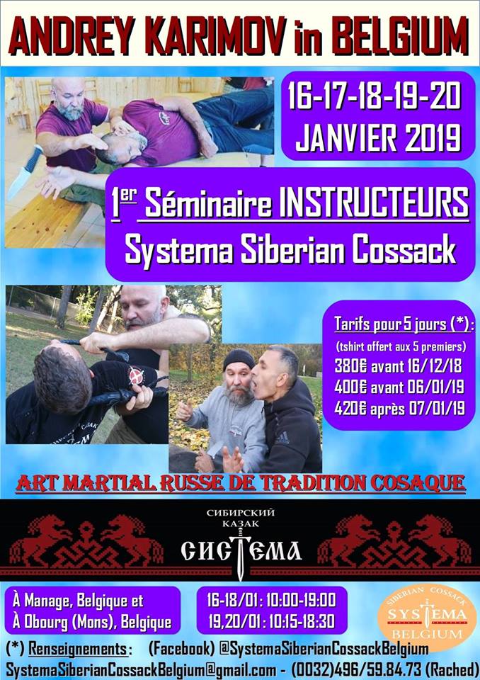 Affiche. Fayt-lez-Manage. Stage instructeurs Systema Siberian Cossack avec Andrey Karimov. 2019-01-16